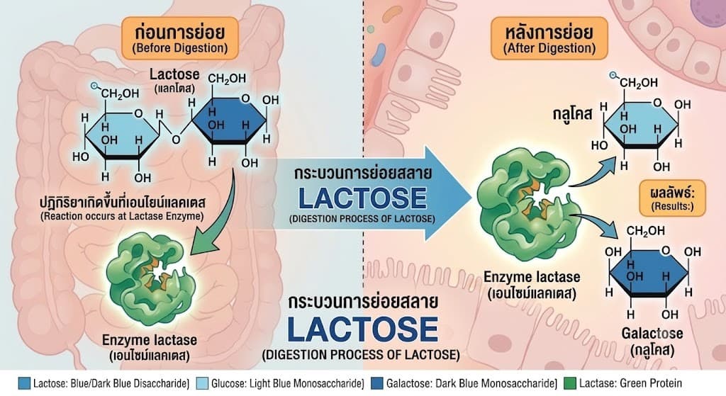 กระบวนการย่อย Lactose ด้วยเอนไซม์ Lactase ให้กลายเป็น Glucose และ Galactose